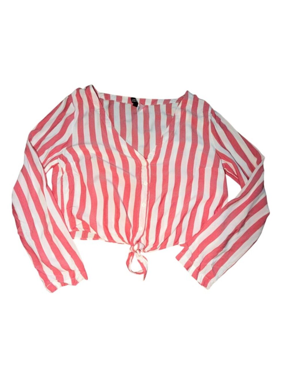 H&M Cropped V-Neck, Long Sleeve, Front-Tie, Flowy Blouse-Red/White-Size 10-GUC